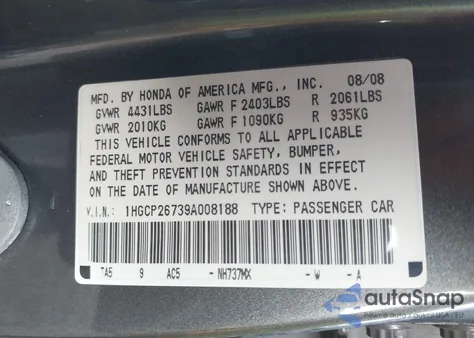 2009 Honda Accord 2.4 Ex from USA, damaged, VIN 1HGCP26739A008188